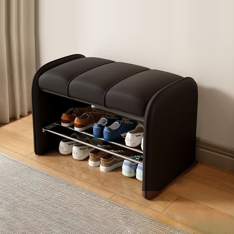 Modern Minimalist Rectangular Iron Shoe Bench with Faux Leather Upholstery, Foam Cushioned Seat on Composite Board, Backless & Armless for Entryways