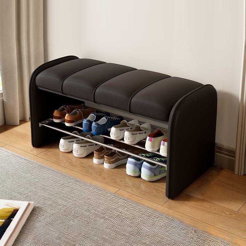 Modern Minimalist Rectangular Iron Shoe Bench with Faux Leather Upholstery, Foam Cushioned Seat on Composite Board, Backless & Armless for Entryways