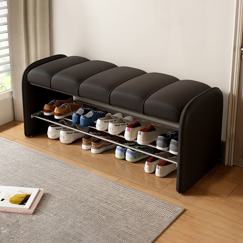 Modern Minimalist Rectangular Iron Shoe Bench with Faux Leather Upholstery, Foam Cushioned Seat on Composite Board, Backless & Armless for Entryways