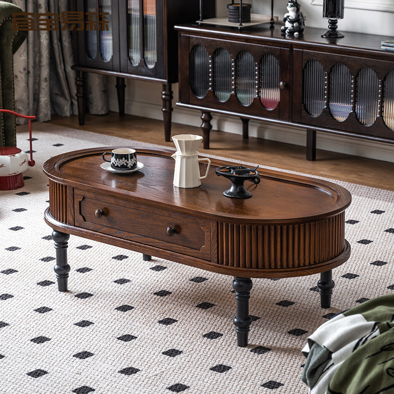 Traditional French Rectangle Solid Pine Wood Coffee Table with 2 Drawers for Living Room