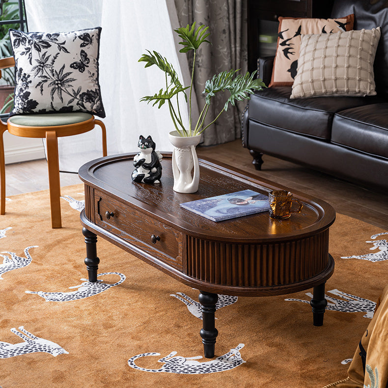 Traditional French Rectangle Solid Pine Wood Coffee Table with 2 Drawers for Living Room