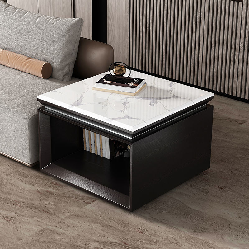 Modern Minimalist 2-Tier Square End Table with Marble, Solid Wood, Resin & Stainless Steel – Living Room