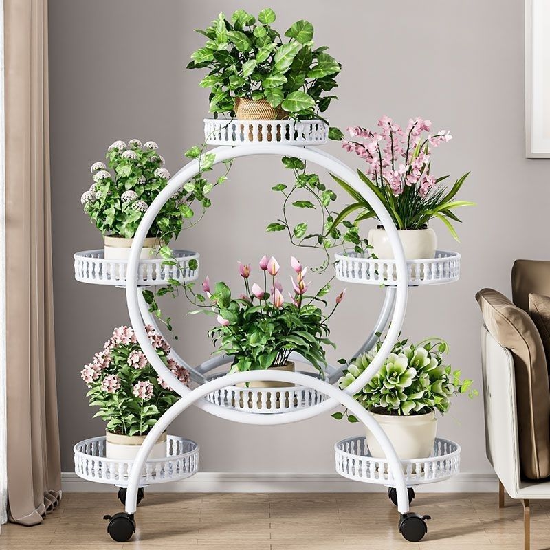 Modern Minimalist Round Ferris Wheel-Shaped Iron Display Rack, Movable with 4/6/8 Trays – Ideal Balcony Organizer