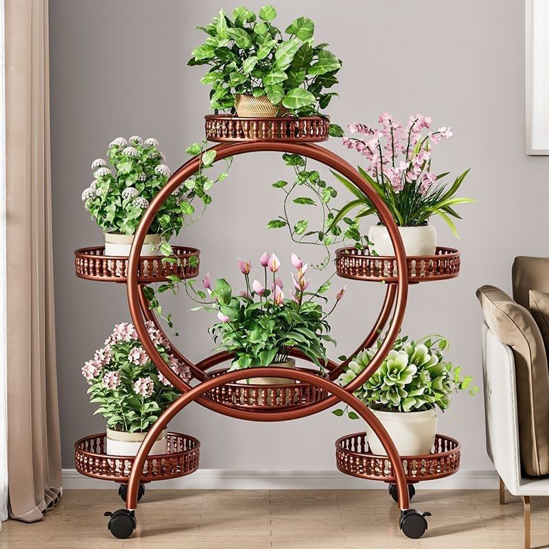 Modern Minimalist Round Ferris Wheel-Shaped Iron Display Rack, Movable with 4/6/8 Trays – Ideal Balcony Organizer