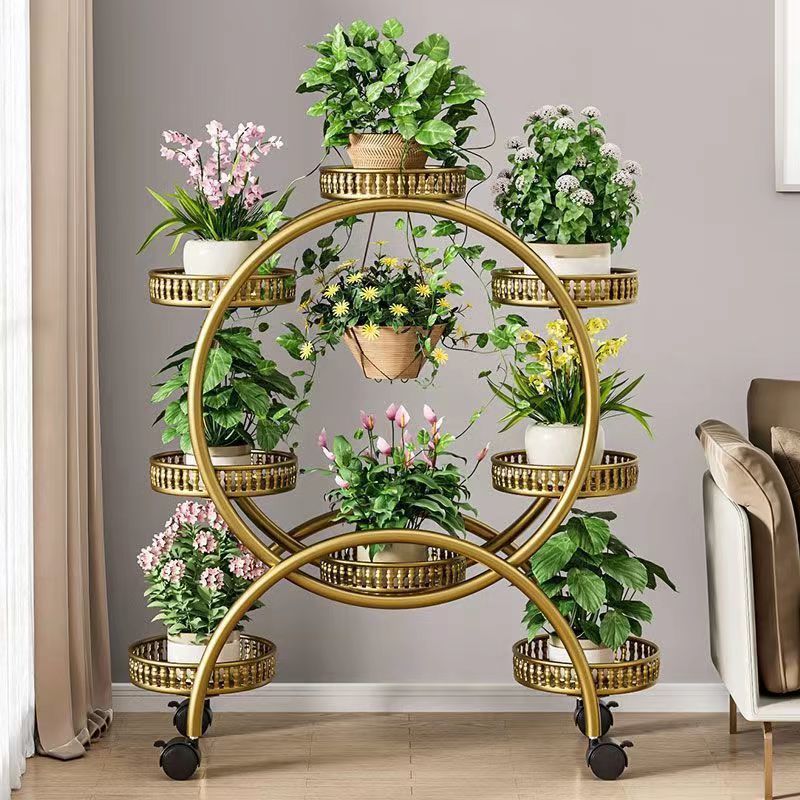 Modern Minimalist Round Ferris Wheel-Shaped Iron Display Rack, Movable with 4/6/8 Trays – Ideal Balcony Organizer