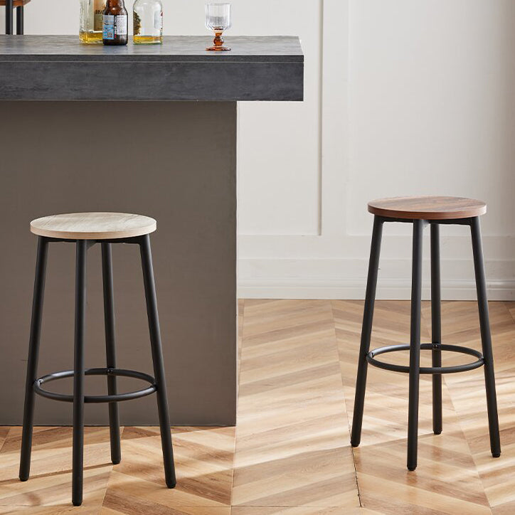Sleek Modern Minimalist Wood & Iron Round Bar Stool with Footrest for Living Room & Dining Room