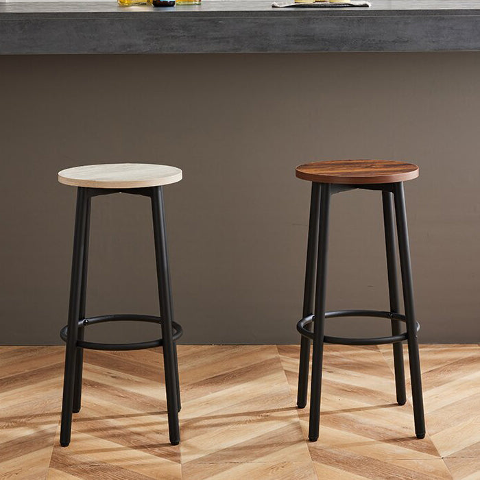 Sleek Modern Minimalist Wood & Iron Round Bar Stool with Footrest for Living Room & Dining Room