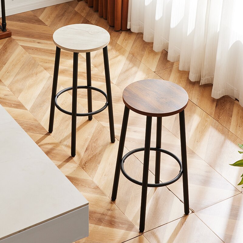 Sleek Modern Minimalist Wood & Iron Round Bar Stool with Footrest for Living Room & Dining Room