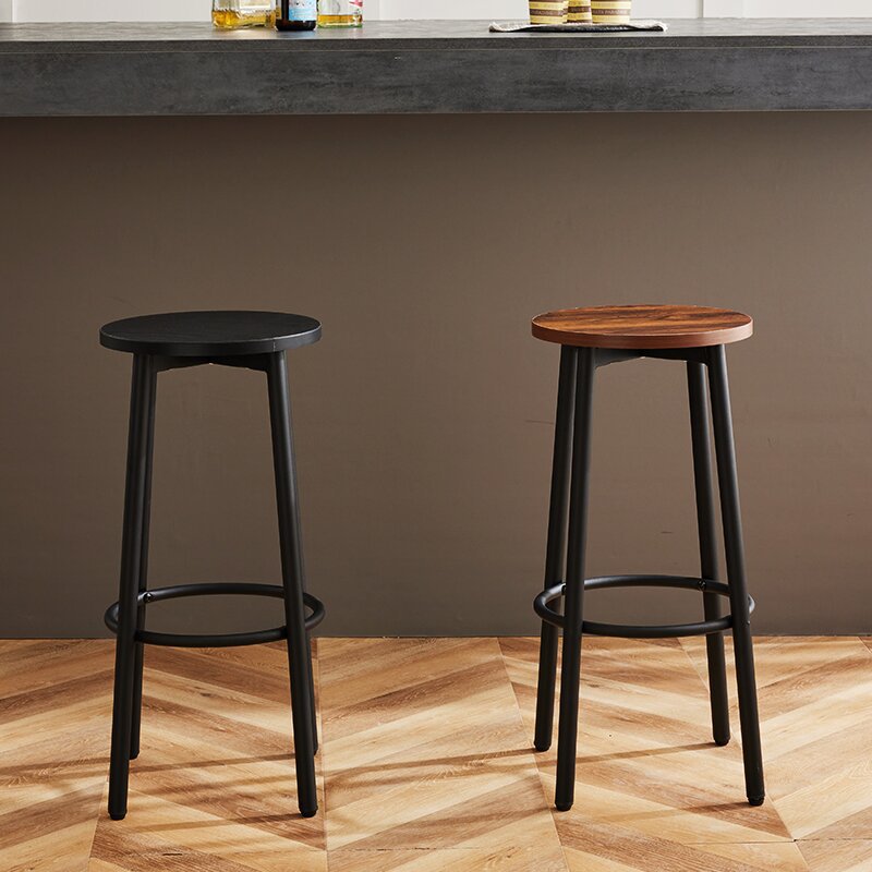 Sleek Modern Minimalist Wood & Iron Round Bar Stool with Footrest for Living Room & Dining Room