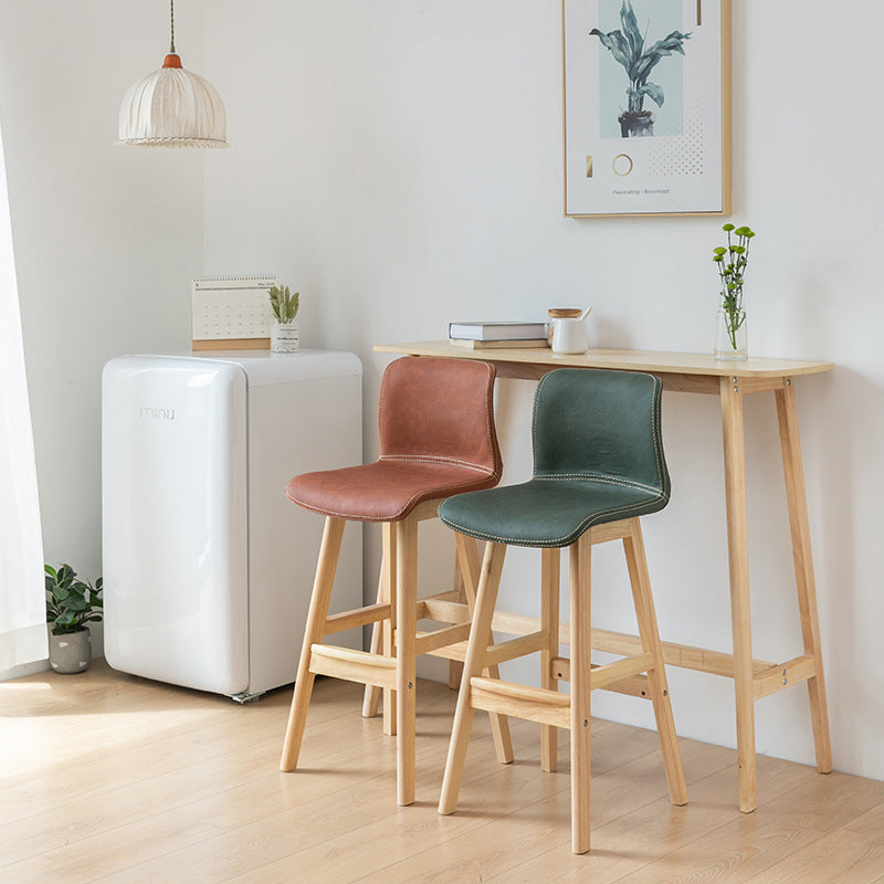Contemporary Scandinavian PU Leather Bar Stool with Solid Wood Frame, Curved Square Seat and Backrest – Perfect for Dining Room