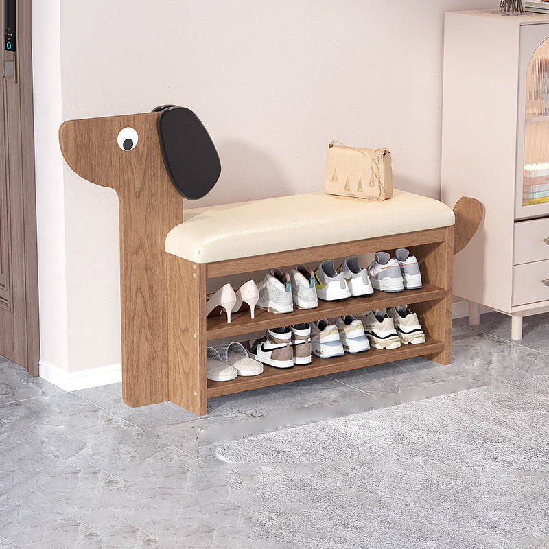 Contemporary Faux Oil-Waxed Leather & Bamboo Dog-Shaped Rectangular Shoe Bench with Half-Tier Storage — Modern Living Room Organizer