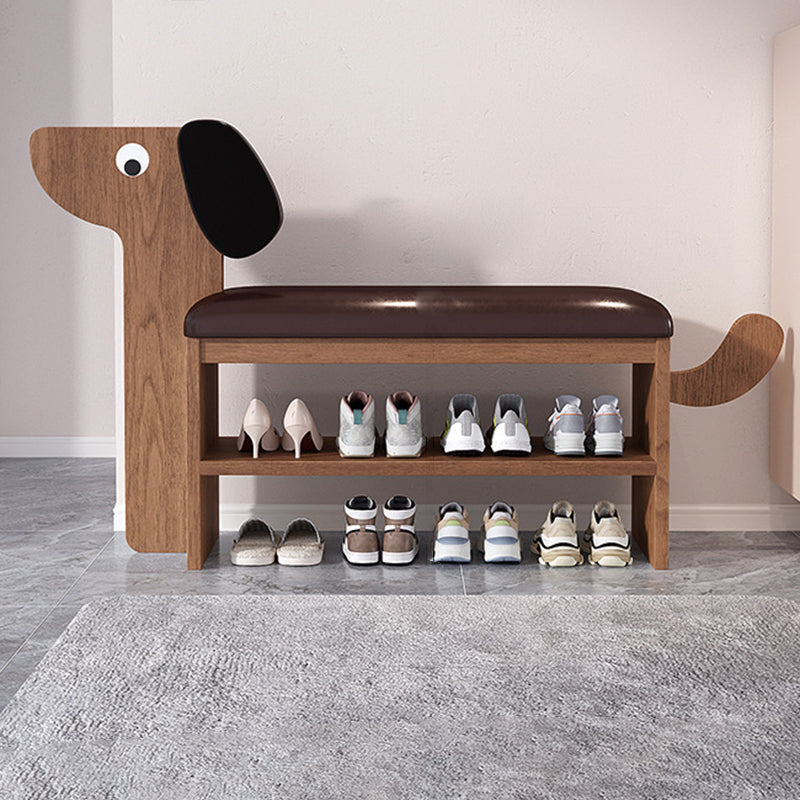 Contemporary Faux Oil-Waxed Leather & Bamboo Dog-Shaped Rectangular Shoe Bench with Half-Tier Storage — Modern Living Room Organizer