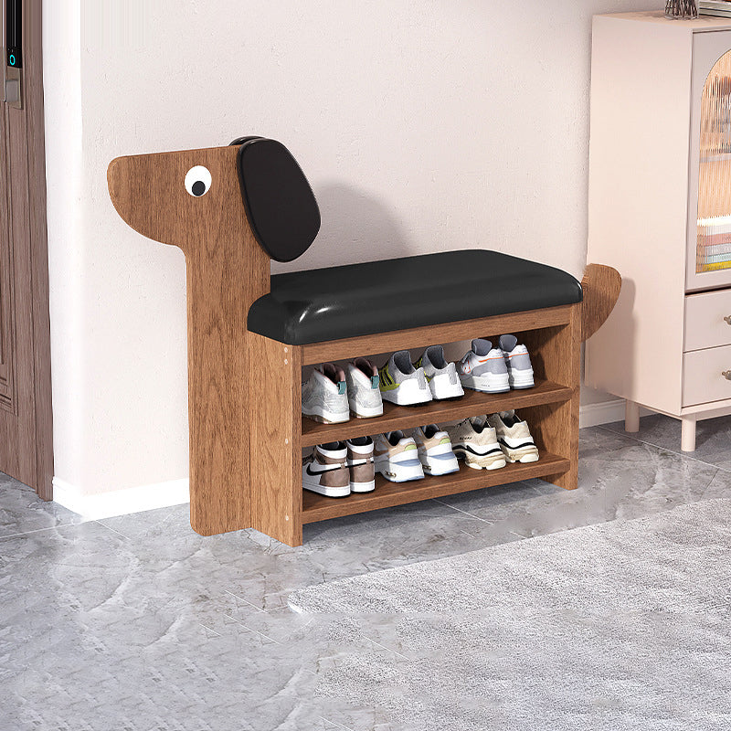 Contemporary Faux Oil-Waxed Leather & Bamboo Dog-Shaped Rectangular Shoe Bench with Half-Tier Storage — Modern Living Room Organizer