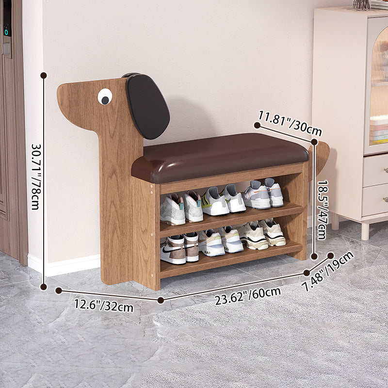 Contemporary Faux Oil-Waxed Leather & Bamboo Dog-Shaped Rectangular Shoe Bench with Half-Tier Storage — Modern Living Room Organizer