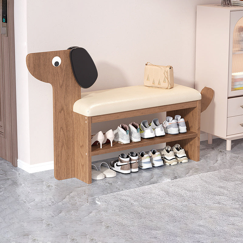 Contemporary Faux Oil-Waxed Leather & Bamboo Dog-Shaped Rectangular Shoe Bench with Half-Tier Storage — Modern Living Room Organizer