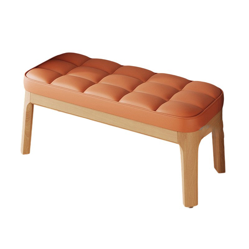 Contemporary Scandinavian PU Leather Upholstered Solid Wood Shoe Bench with Rectangular Grid Design for Entryway & Living Room