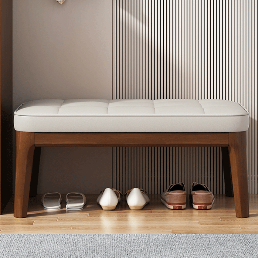 Contemporary Scandinavian PU Leather Upholstered Solid Wood Shoe Bench with Rectangular Grid Design for Entryway & Living Room