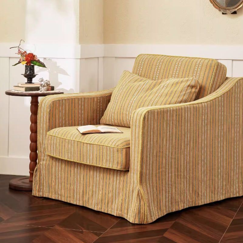 Golden Stripe Cotton-Linen Birch Wood Accent Chair – Sleek Minimalist Retro Lounge for Living Room