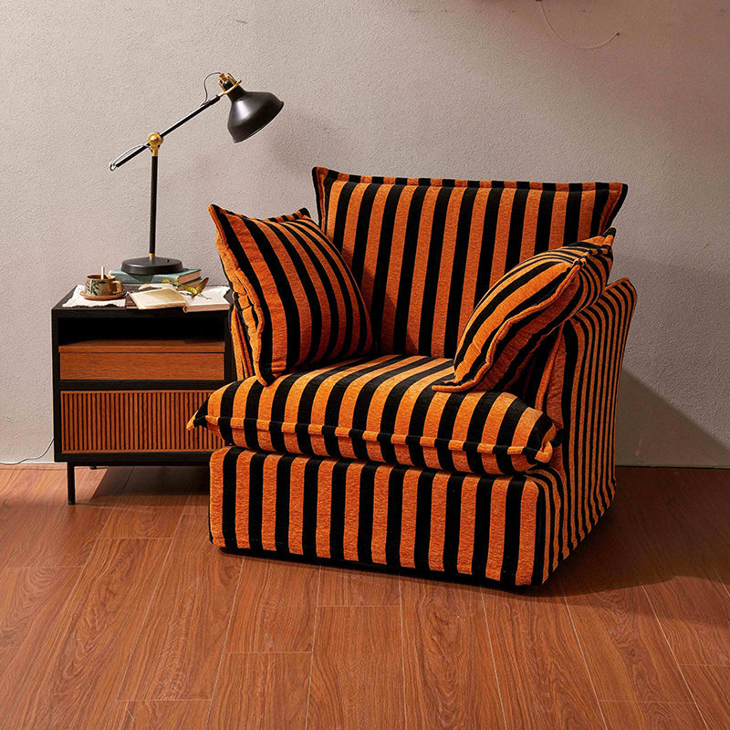 Bold Black & Orange Stripe Swivel Birch Wood Accent Chair - French-Inspired Living Room Lounge Chair