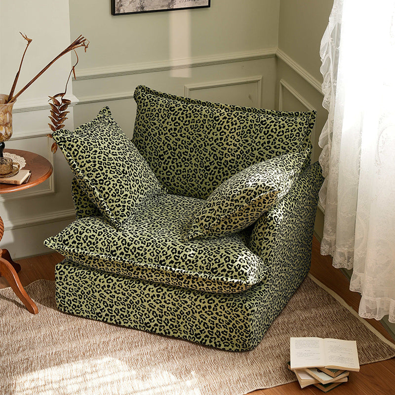Green Leopard Print Swivel Birch Wood Accent Chair — Vintage Oriental Style Sofa for Living Room