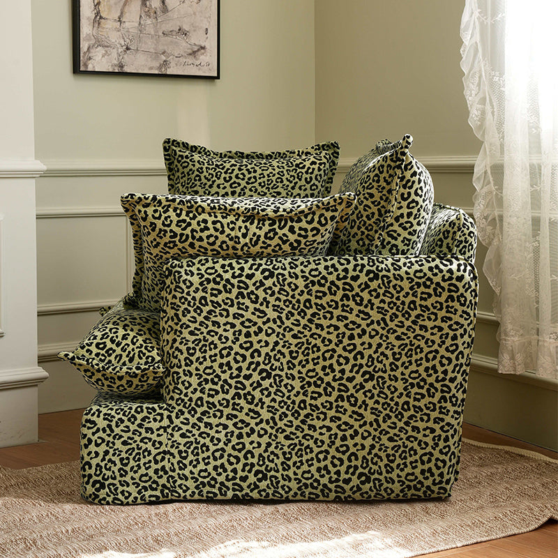 Green Leopard Print Swivel Birch Wood Accent Chair — Vintage Oriental Style Sofa for Living Room