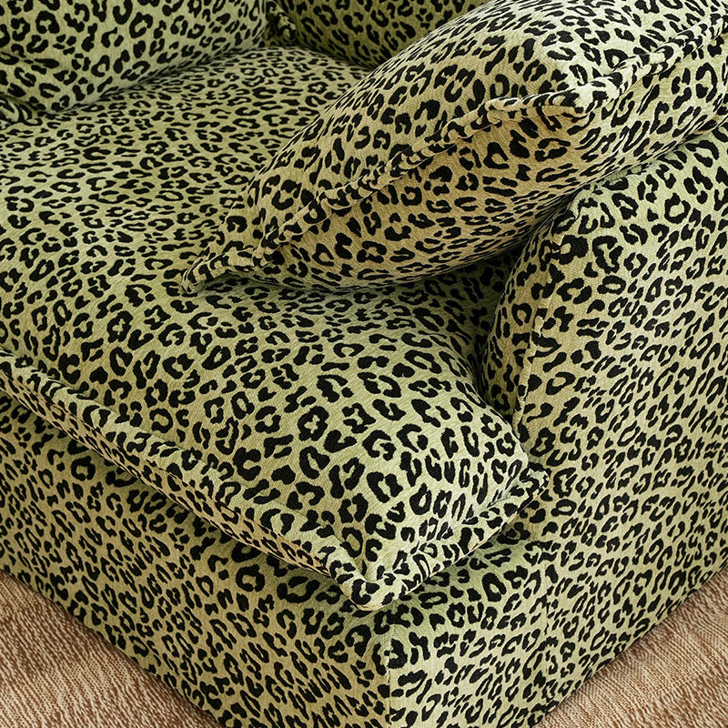 Green Leopard Print Swivel Birch Wood Accent Chair — Vintage Oriental Style Sofa for Living Room