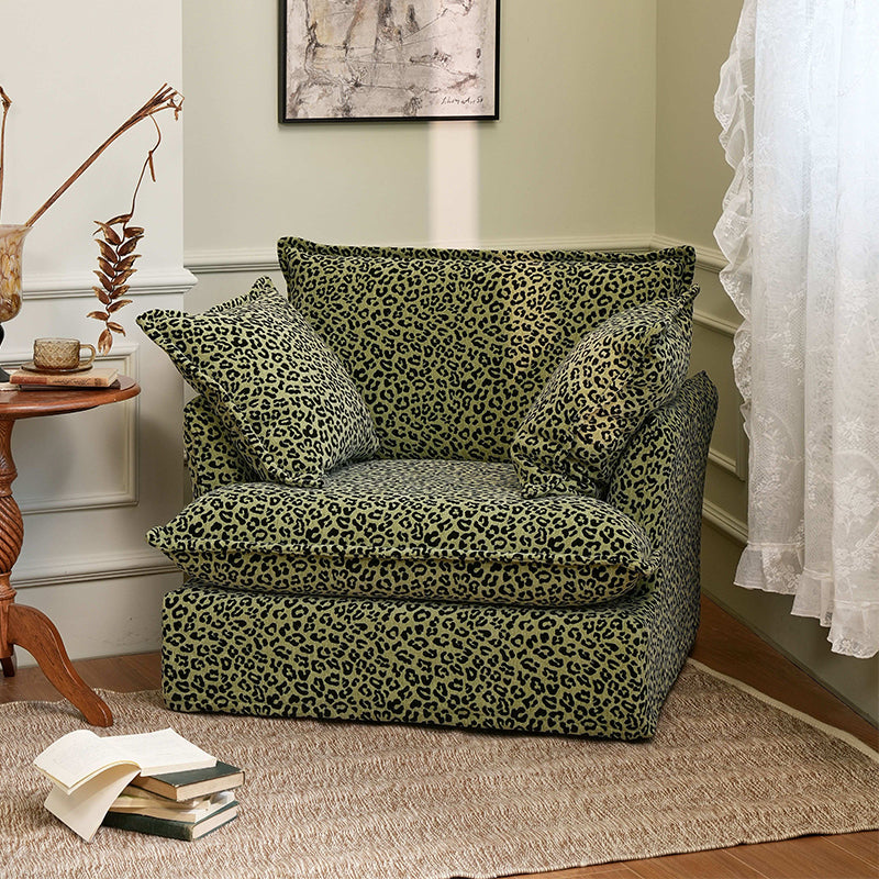 Green Leopard Print Swivel Birch Wood Accent Chair — Vintage Oriental Style Sofa for Living Room