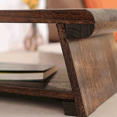 Traditional Japanese Foldable Solid Wood Coffee Table – Two-Tier, Rounded Rectangular Design for Living Room