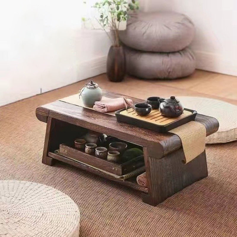 Traditional Japanese Foldable Solid Wood Coffee Table – Two-Tier, Rounded Rectangular Design for Living Room