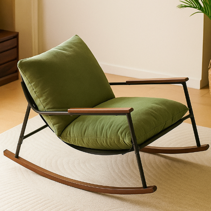 Modern Scandinavian Corduroy Rocking Chair with Metal Frame and Solid Wood Construction, Curved Square Design, Backrest and Armrests for Living Room