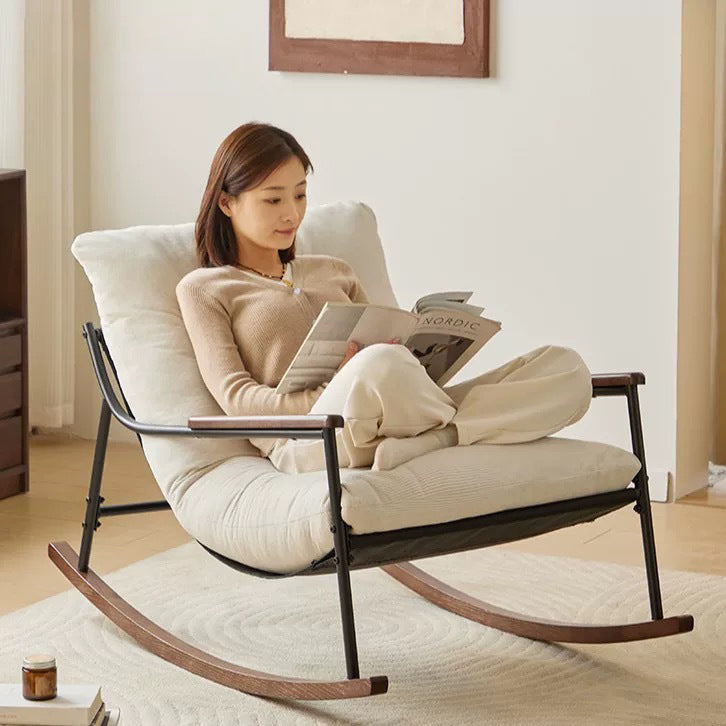 Modern Scandinavian Corduroy Rocking Chair with Metal Frame and Solid Wood Construction, Curved Square Design, Backrest and Armrests for Living Room