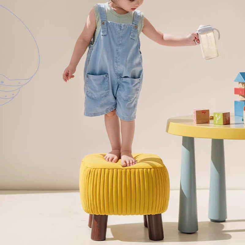 Contemporary Scandinavian Solid-Wood Low Stool with Soap-Shaped Cylinder, Tech Fabric Upholstery – Living Room Accent