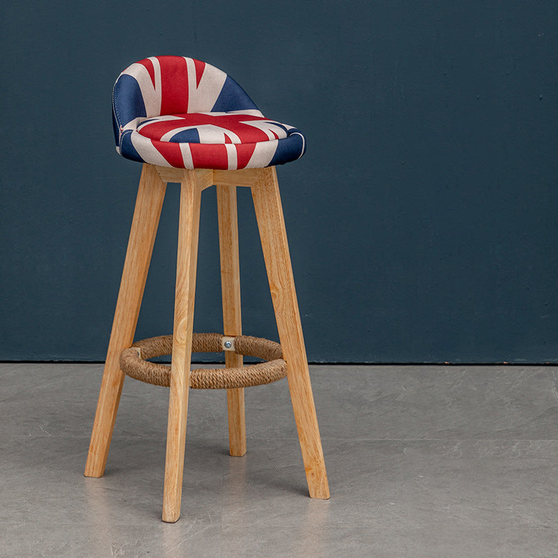 Nordic Contemporary Round Rubber Wood Swivel Bar Stool with Upholstered Low-Back and Footrest for Dining Room