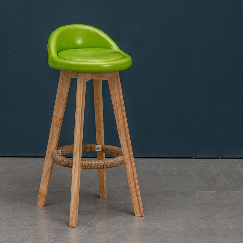 Nordic Contemporary Round Rubber Wood Swivel Bar Stool with Upholstered Low-Back and Footrest for Dining Room