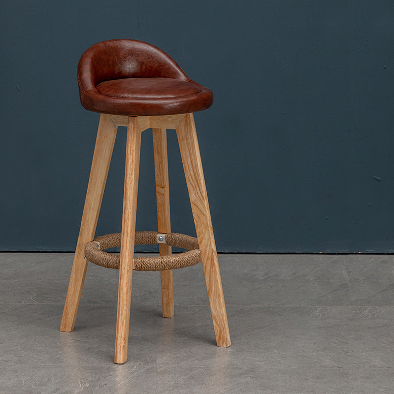 Nordic Contemporary Round Rubber Wood Swivel Bar Stool with Upholstered Low-Back and Footrest for Dining Room