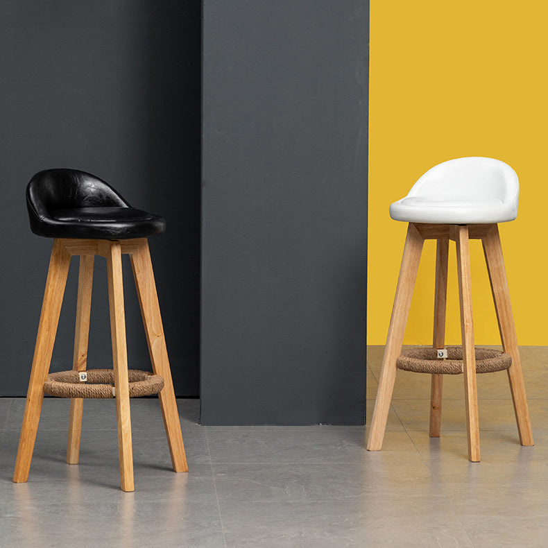 Nordic Contemporary Round Rubber Wood Swivel Bar Stool with Upholstered Low-Back and Footrest for Dining Room