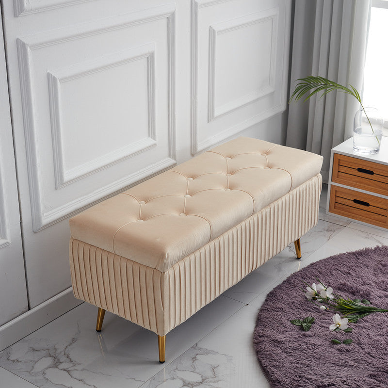 Modern Velvet Upholstered Storage Bench - Minimalist, Backless, Metal Rectangular Frame for Entryway