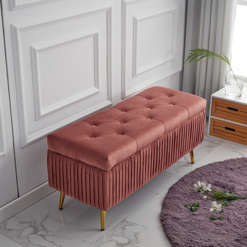 Modern Velvet Upholstered Storage Bench - Minimalist, Backless, Metal Rectangular Frame for Entryway