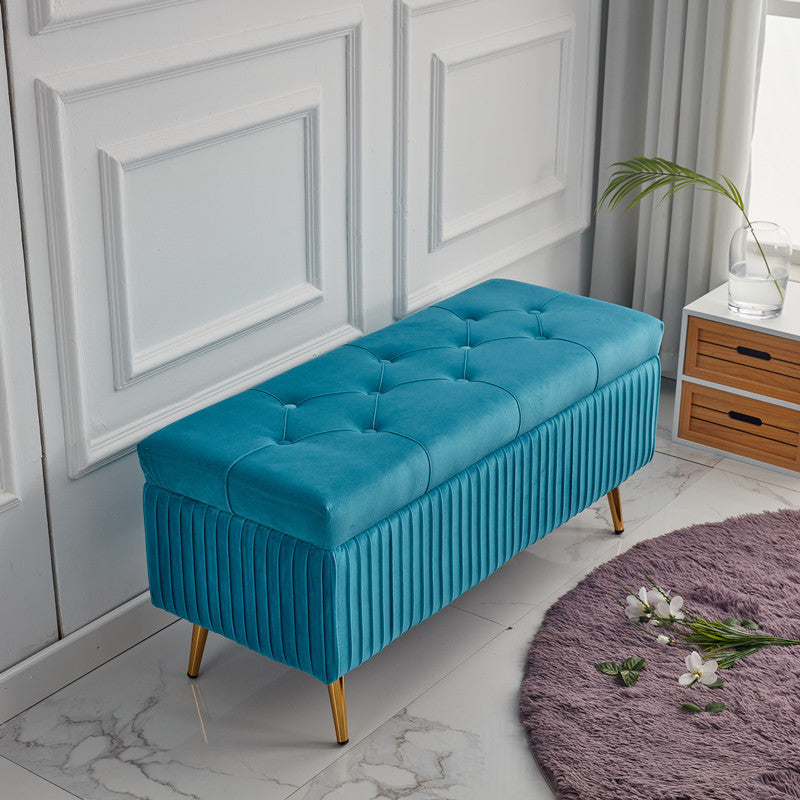 Modern Velvet Upholstered Storage Bench - Minimalist, Backless, Metal Rectangular Frame for Entryway