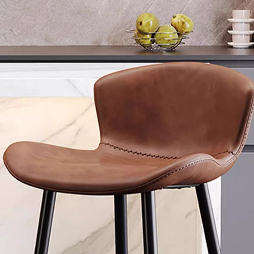 Contemporary Scandinavian Curved Faux Leather Bar Stool with Carbon Steel Frame, High-Leg Design & Footrest for Dining Room