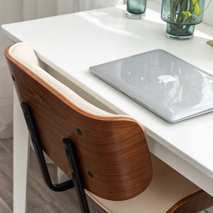 Contemporary Curved PU Leather Desk Chair with Solid Wood Plywood Frame, Height-Adjustable Swivel, Casters for Home Office