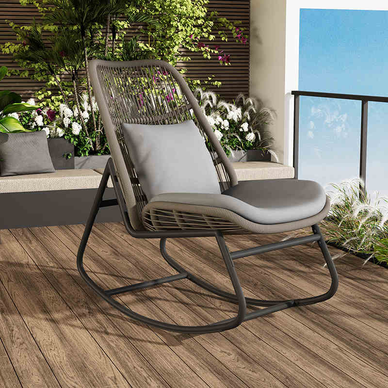 Boho Contemporary Arc Woven Rattan Rocking Chair with Cushions - PE Rattan & Metal Outdoor Patio Chair for Balcony