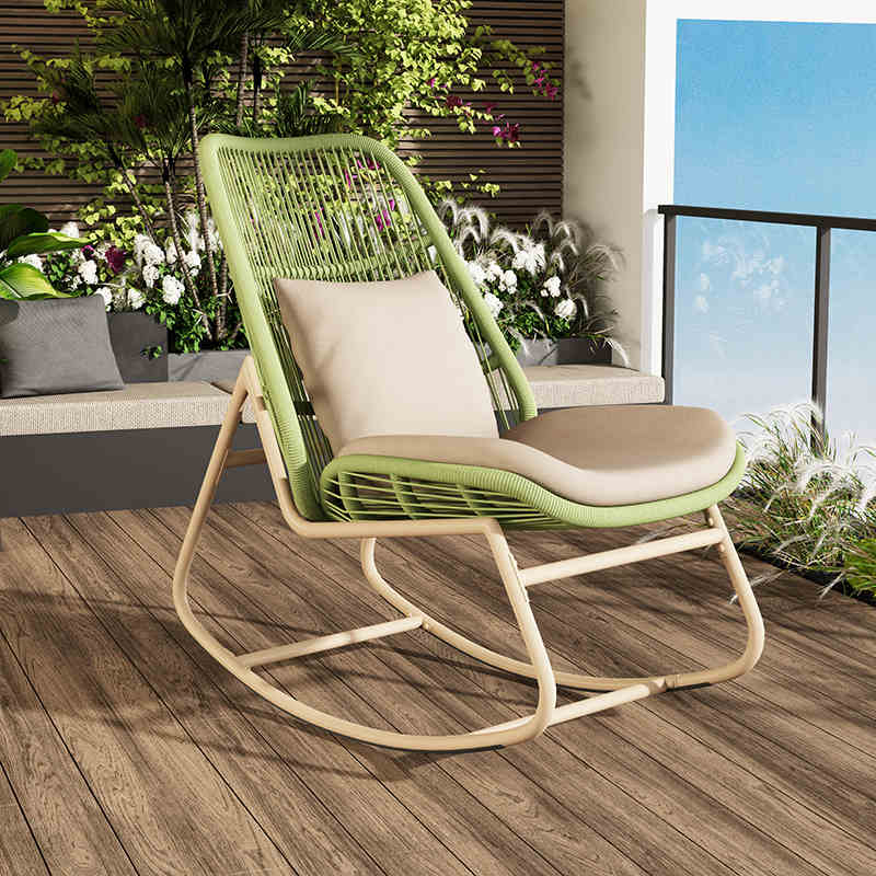 Boho Contemporary Arc Woven Rattan Rocking Chair with Cushions - PE Rattan & Metal Outdoor Patio Chair for Balcony