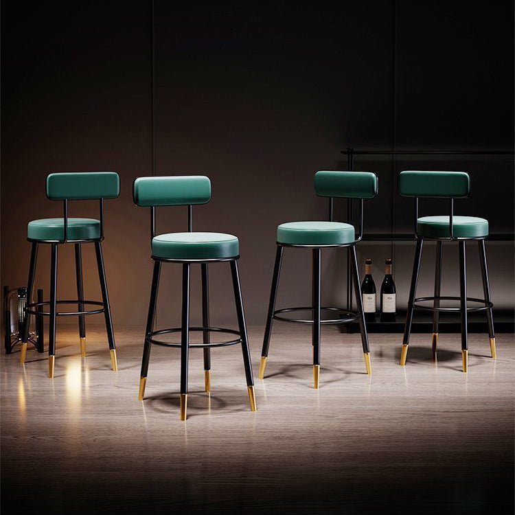 Contemporary Nordic Round Bar Stool - Upholstered Iron Frame with Backrest & Footrest, Available in PU Leather, Microfiber Leather, or Genuine Leather for Dining Room