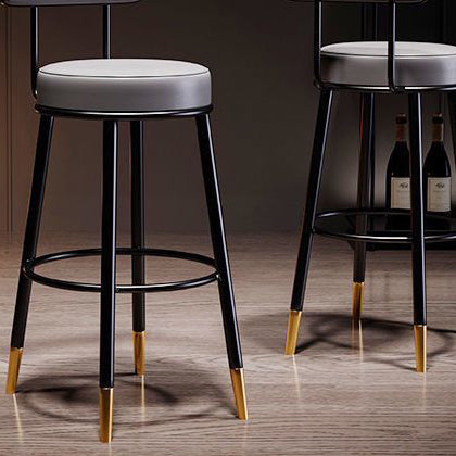 Contemporary Nordic Round Bar Stool - Upholstered Iron Frame with Backrest & Footrest, Available in PU Leather, Microfiber Leather, or Genuine Leather for Dining Room