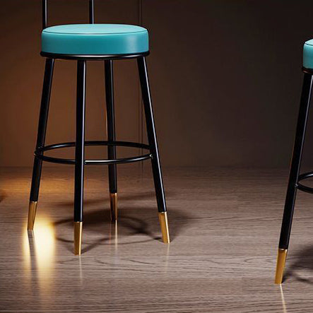 Contemporary Nordic Round Bar Stool - Upholstered Iron Frame with Backrest & Footrest, Available in PU Leather, Microfiber Leather, or Genuine Leather for Dining Room