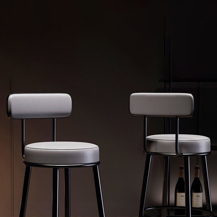 Contemporary Nordic Round Bar Stool - Upholstered Iron Frame with Backrest & Footrest, Available in PU Leather, Microfiber Leather, or Genuine Leather for Dining Room