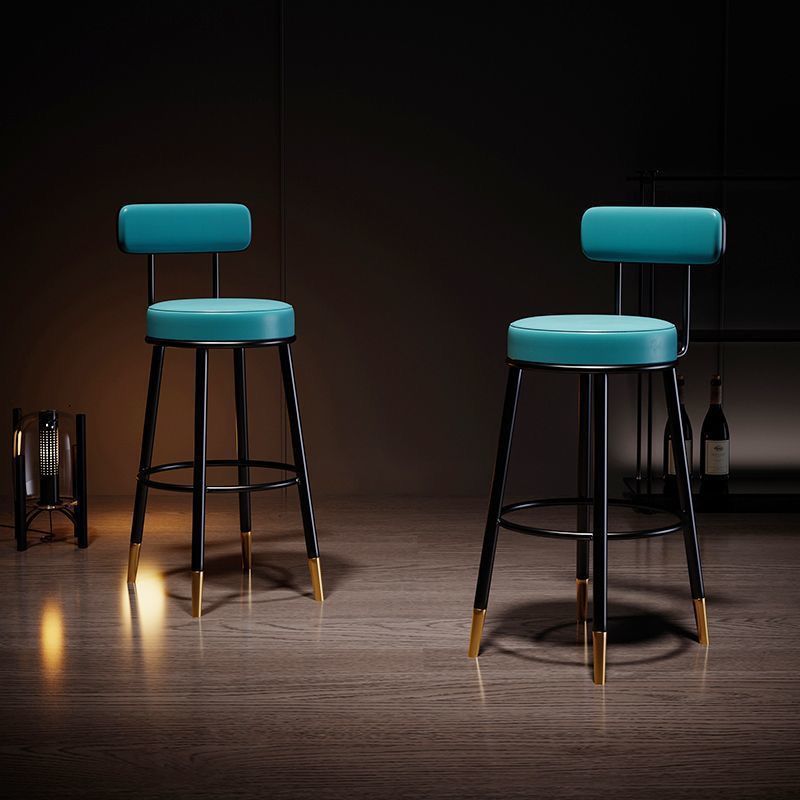 Contemporary Nordic Round Bar Stool - Upholstered Iron Frame with Backrest & Footrest, Available in PU Leather, Microfiber Leather, or Genuine Leather for Dining Room