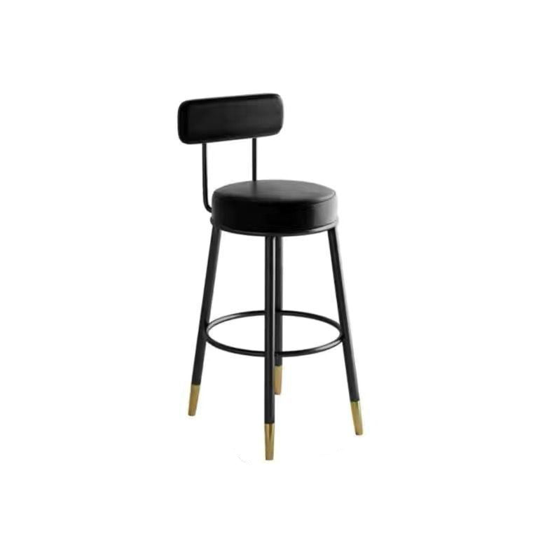 Contemporary Nordic Round Bar Stool - Upholstered Iron Frame with Backrest & Footrest, Available in PU Leather, Microfiber Leather, or Genuine Leather for Dining Room