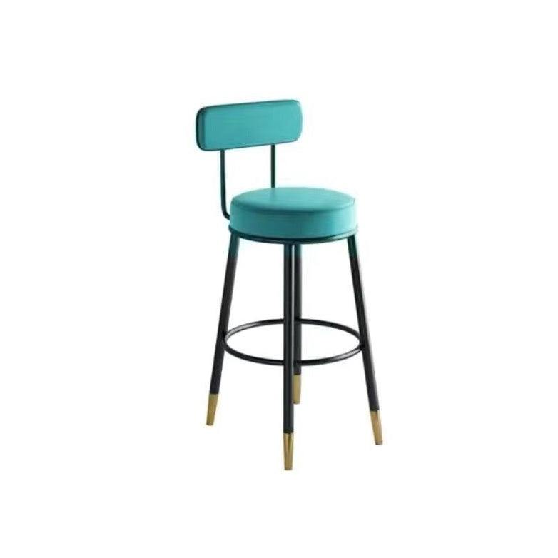 Contemporary Nordic Round Bar Stool - Upholstered Iron Frame with Backrest & Footrest, Available in PU Leather, Microfiber Leather, or Genuine Leather for Dining Room